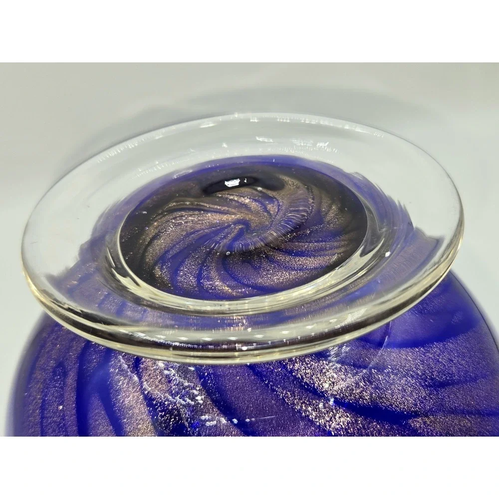 Cobalt Blue Art Glass Pedestal Vase Aventurine Swirl‎ Hand Blown Bowl Form